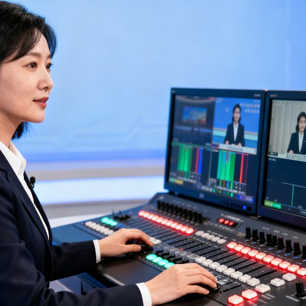 李娜，内容主管，在演播室导播台前工作